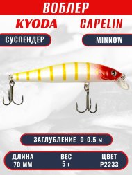 Воблер KYODA Capelin Minnow-70SP длина 7,0 см вес 5.0 гр, цвет P2233 заглубление 0-0.5 м