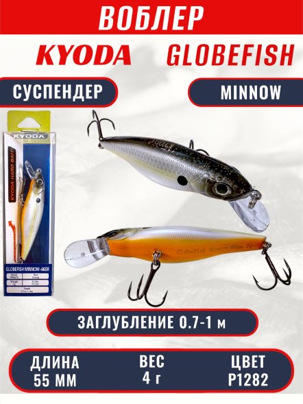 Воблер KYODA Globefish Minnow-55SP, длина 5,5 см, вес 4.0 гр цвет P1282, заглубление 0,7-1,0 м